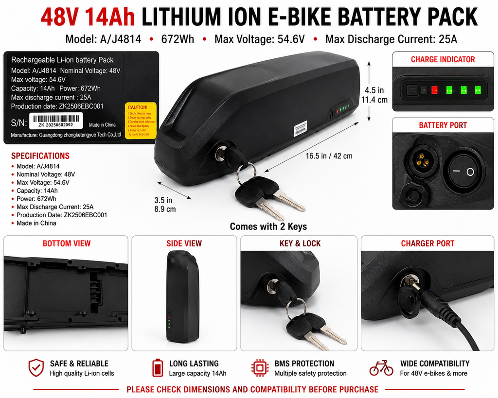 48V 14Ah Ebike Battery Pack 672Wh Li-Ion A/J4814 With Keys No Charger
