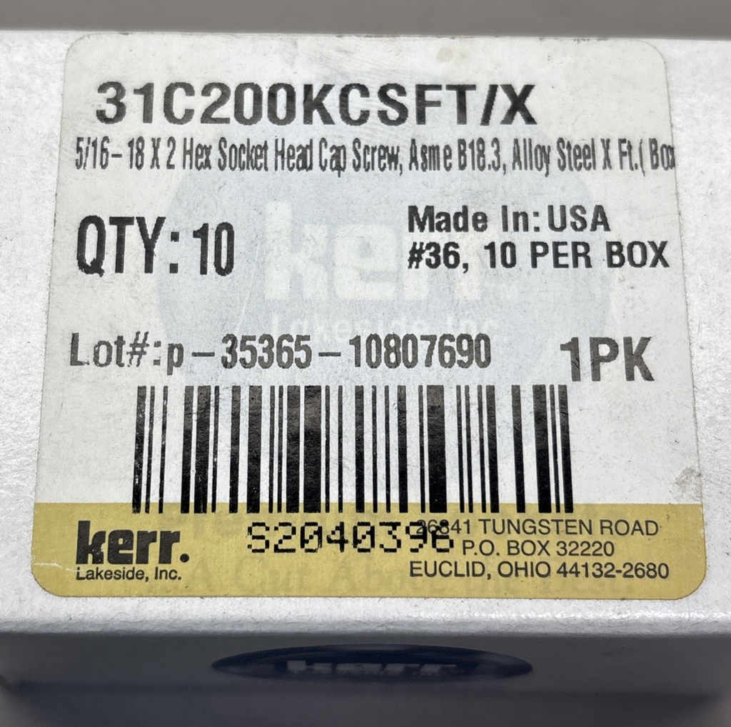 KERR 5/16-18X2 SOCKET HEAD CAP SCREW FULL THREAD ALLOY STEEL 31C200KCSFT/X