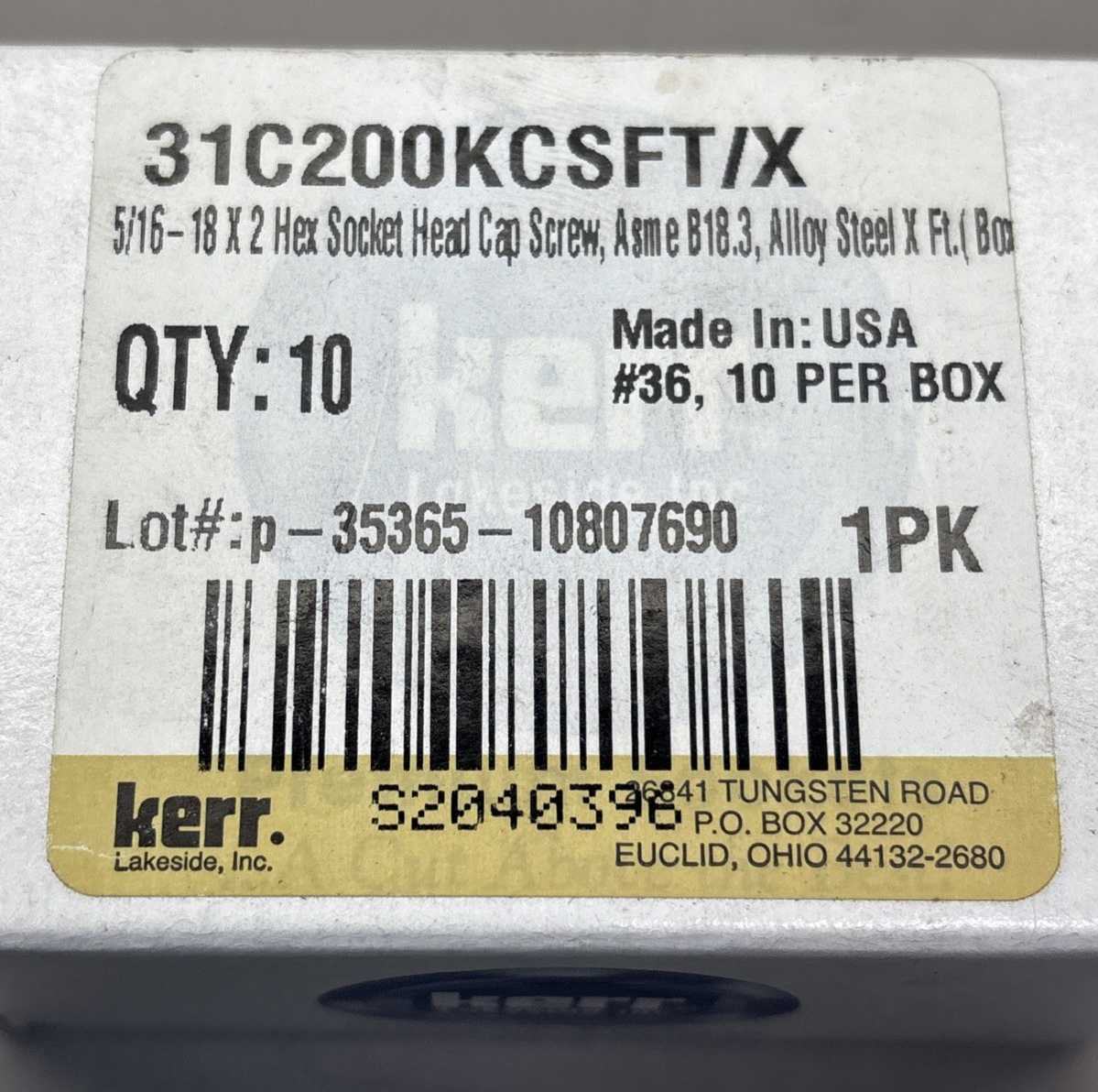 KERR 5/16-18X2 SOCKET HEAD CAP SCREW FULL THREAD ALLOY STEEL 31C200KCSFT/X