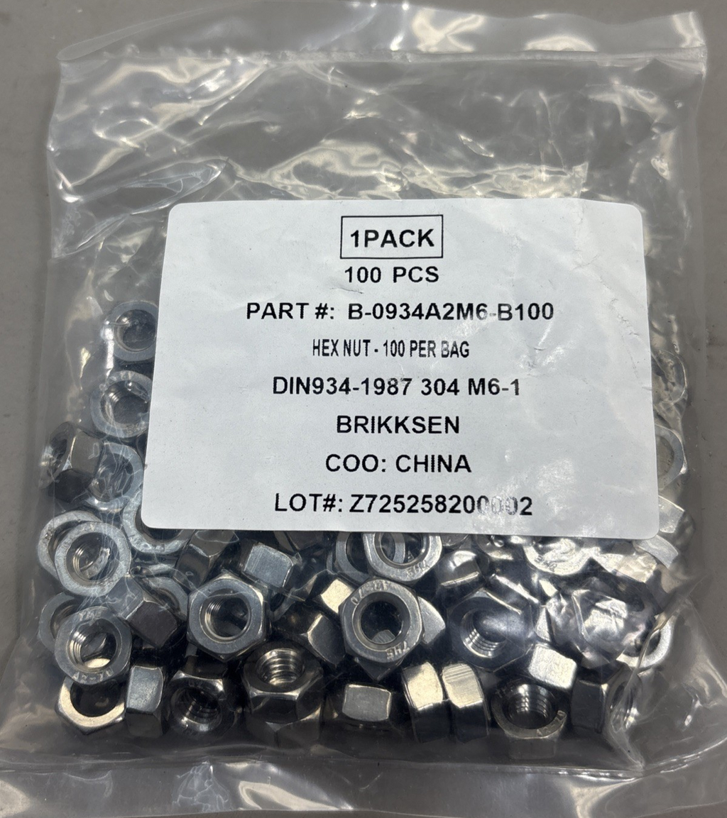 Qty=100 Brikksen M6-1 Stainless Hex Nuts #B-0934A2M6-B100