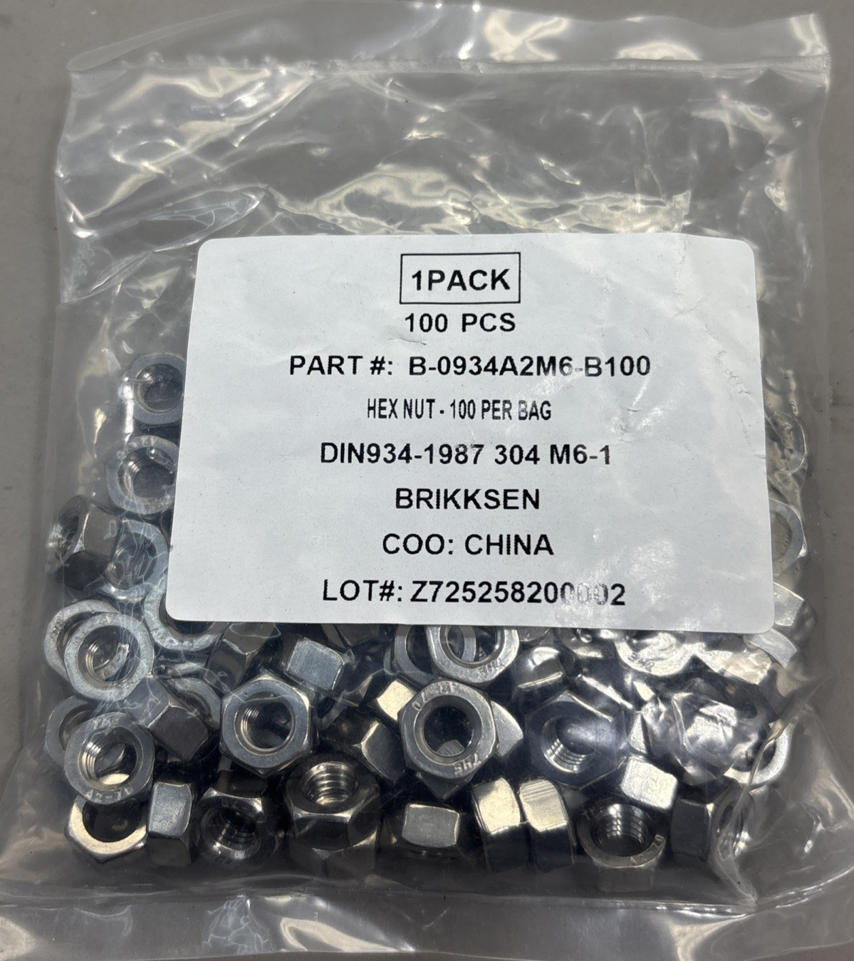 Qty=100 Brikksen M6-1 Stainless Hex Nuts #B-0934A2M6-B100