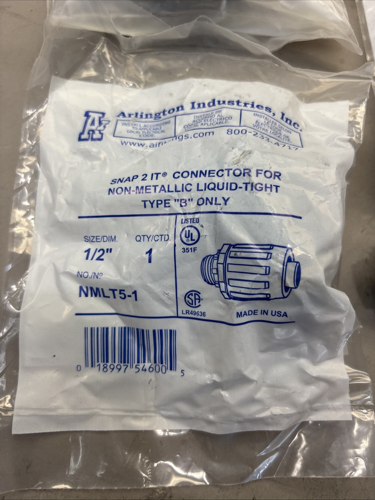 ARLINGTON INDUSTRIES NMLT5-1 / NMLT5-1, 1/2" connector for non metallic liquid