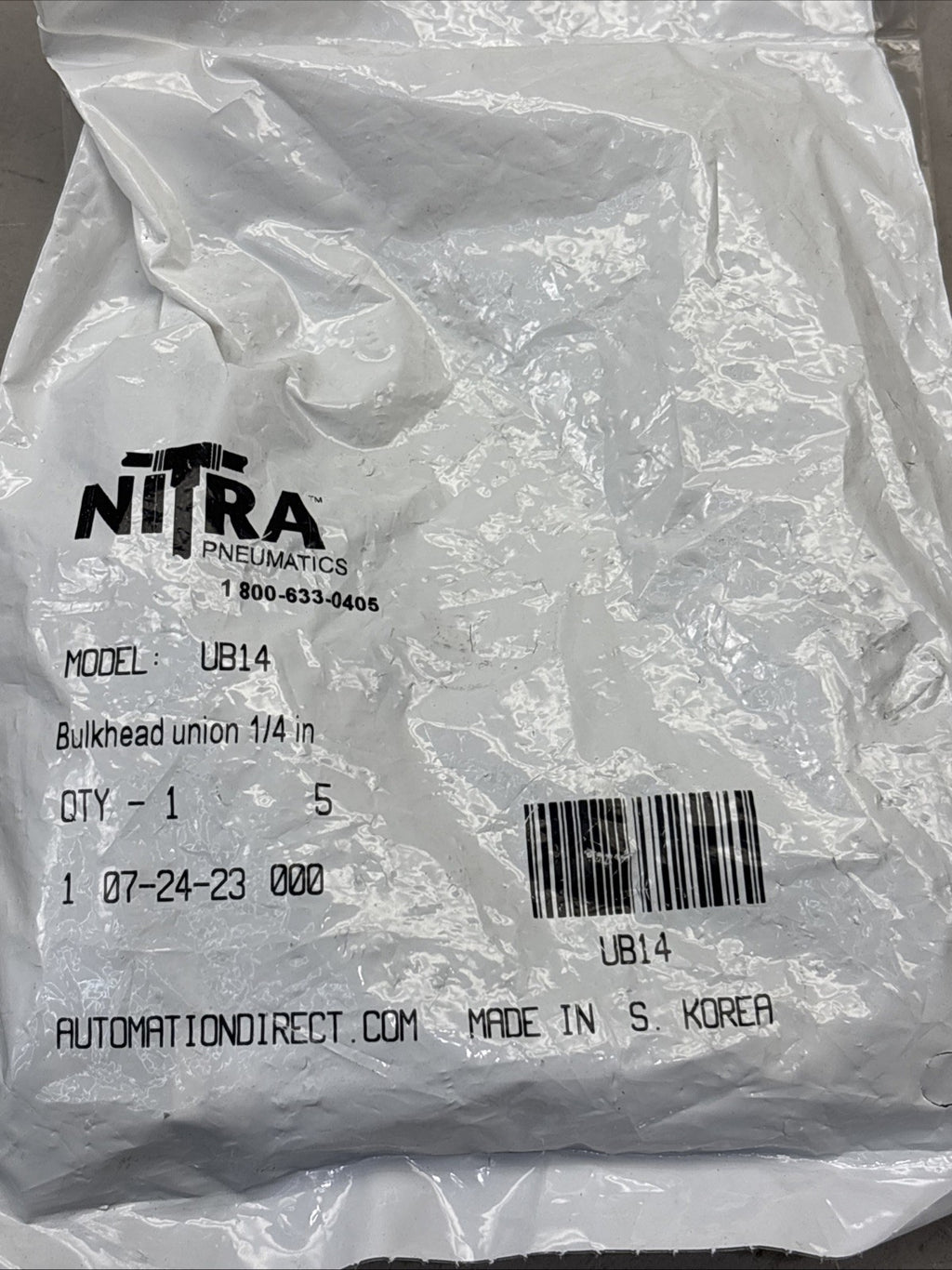 LOT of 5 - Automation Direct Nitra UB14 Push-to-Connect Bulkhead Union 1/4"