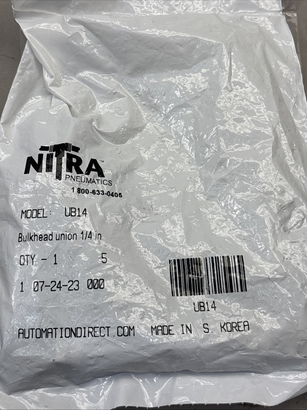LOT of 5 - Automation Direct Nitra UB14 Push-to-Connect Bulkhead Union 1/4"