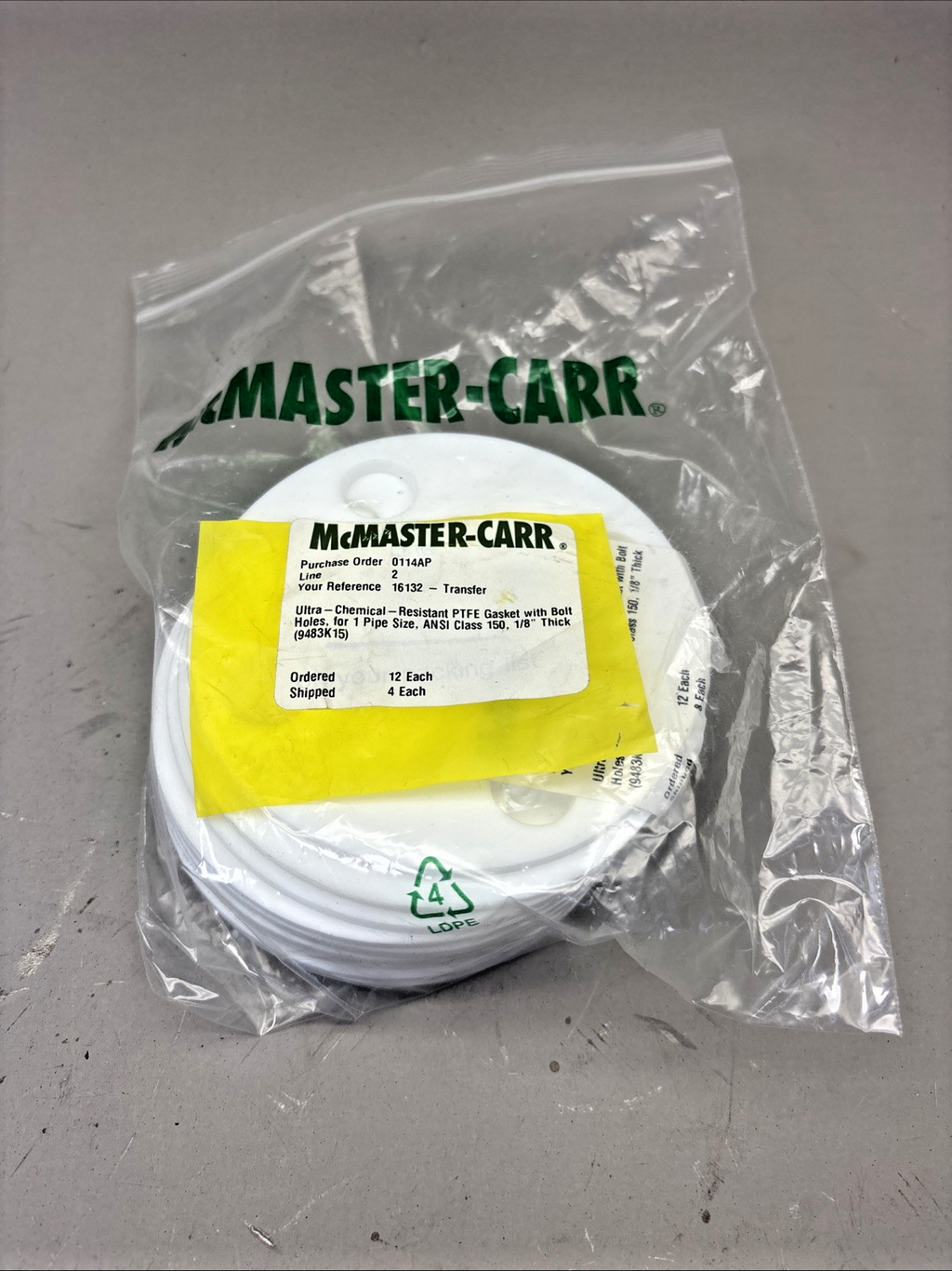 (Bag of 12) Universal Pipe Gasket 1" X 150LB X 1/8" White PTFE with Bolt Holes