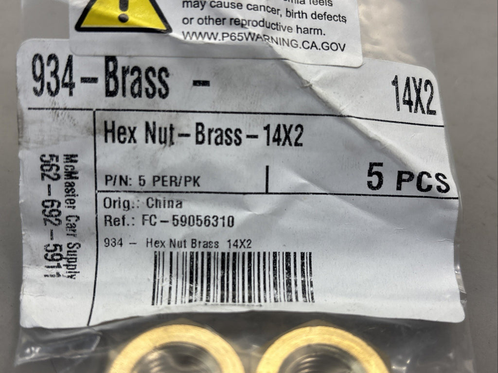 Metric Hex Nut, Brass, DIN 934, RH, M14 x 2mm x 11mm Height, 5 Pcs