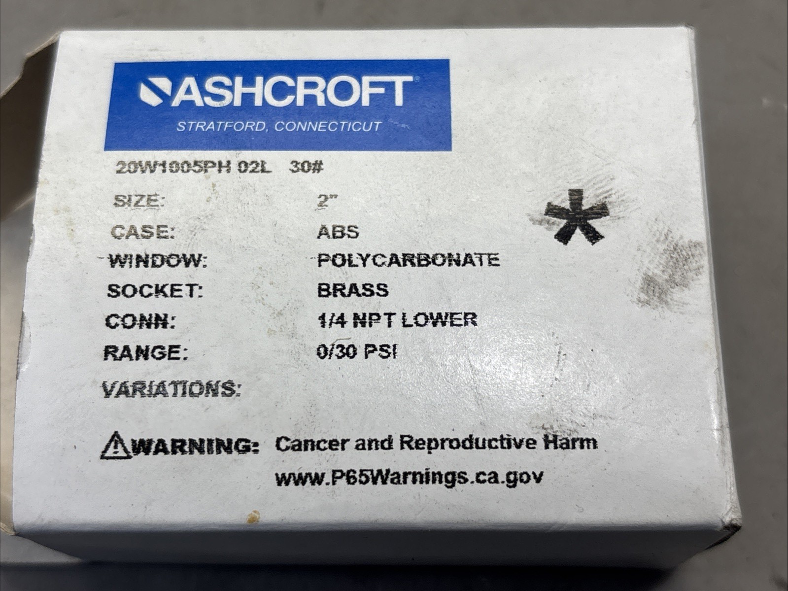 ASHCROFT 20W1005PH 02L 100# 2" PRESSURE GAUGE 0-30PSI * NEW IN BOX *