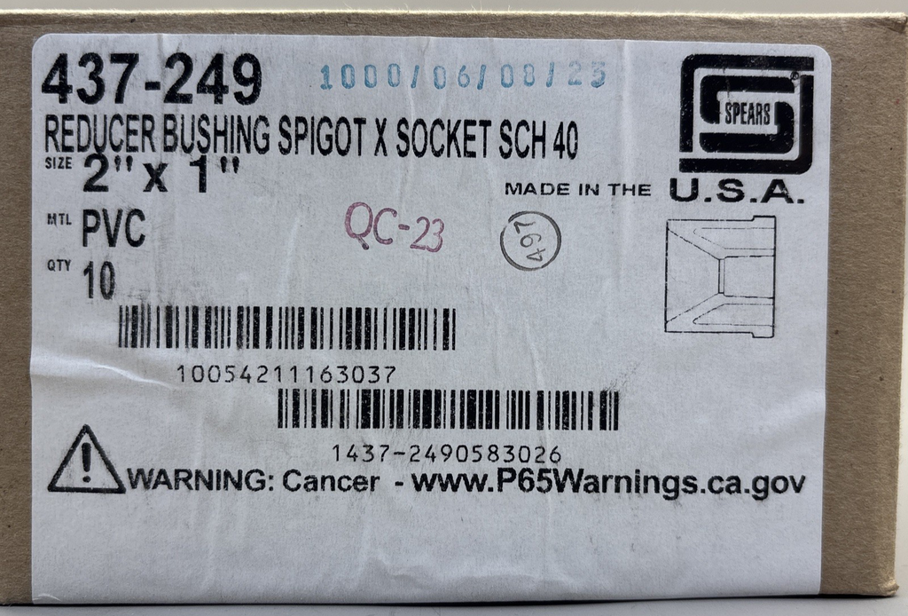 (10) SPEARS 437-249 2" x 1" PVC Schedule 40 Spigot x Socket Bushing Reducer USA