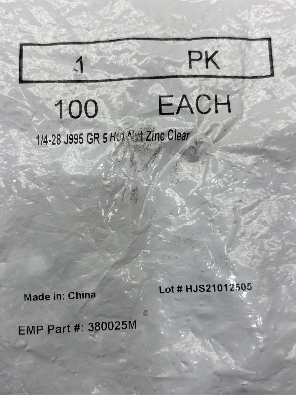 1/4-28 Hex Nut ZINC CLEAR Grade 18-8 Full Finished Qty 100, J995 GR5