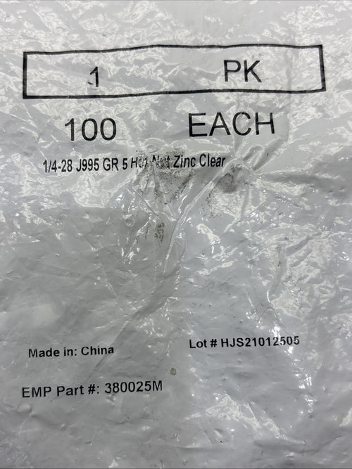 1/4-28 Hex Nut ZINC CLEAR Grade 18-8 Full Finished Qty 100, J995 GR5
