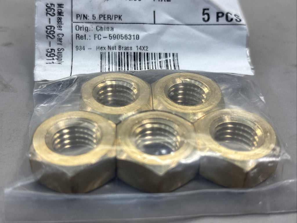 Metric Hex Nut, Brass, DIN 934, RH, M14 x 2mm x 11mm Height, 5 Pcs