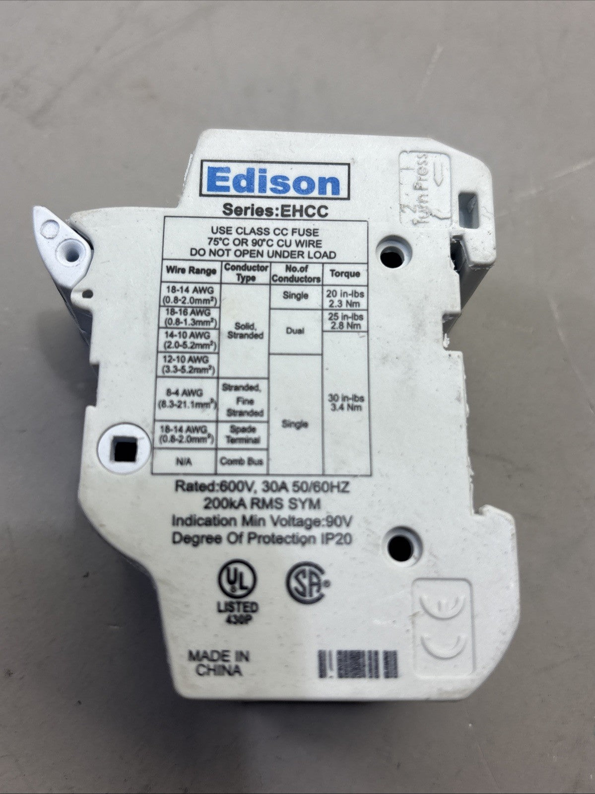 EDISON EHCC EHCC2DIU 2-POLE 30A FUSE HOLDER 600V 18-4 AWG