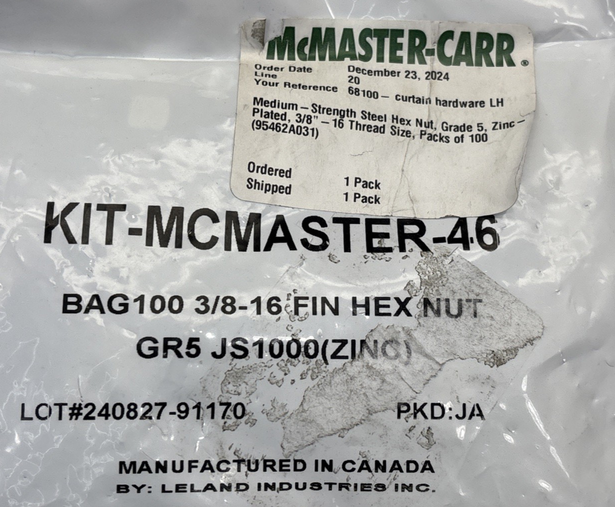 NEW KIT-MCMASTER-46, 3/8-16 FIN HEX NUT, GR5 JS1000(ZINC)