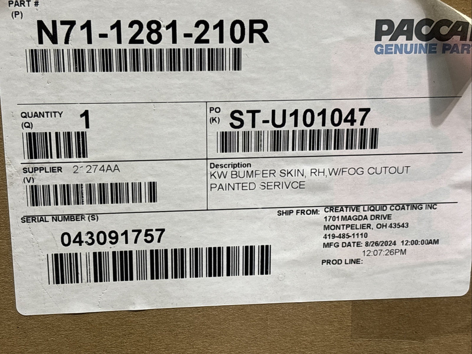 Paccar N71-1281-210R Bumper - Skin Right Hand W/ Fog Cutout NEW!