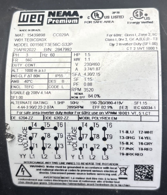 Finish Thompson DB11P-E-2-M207 3 HP 3520 RPM 208-230/460 VAC Magnetic Drive Pump