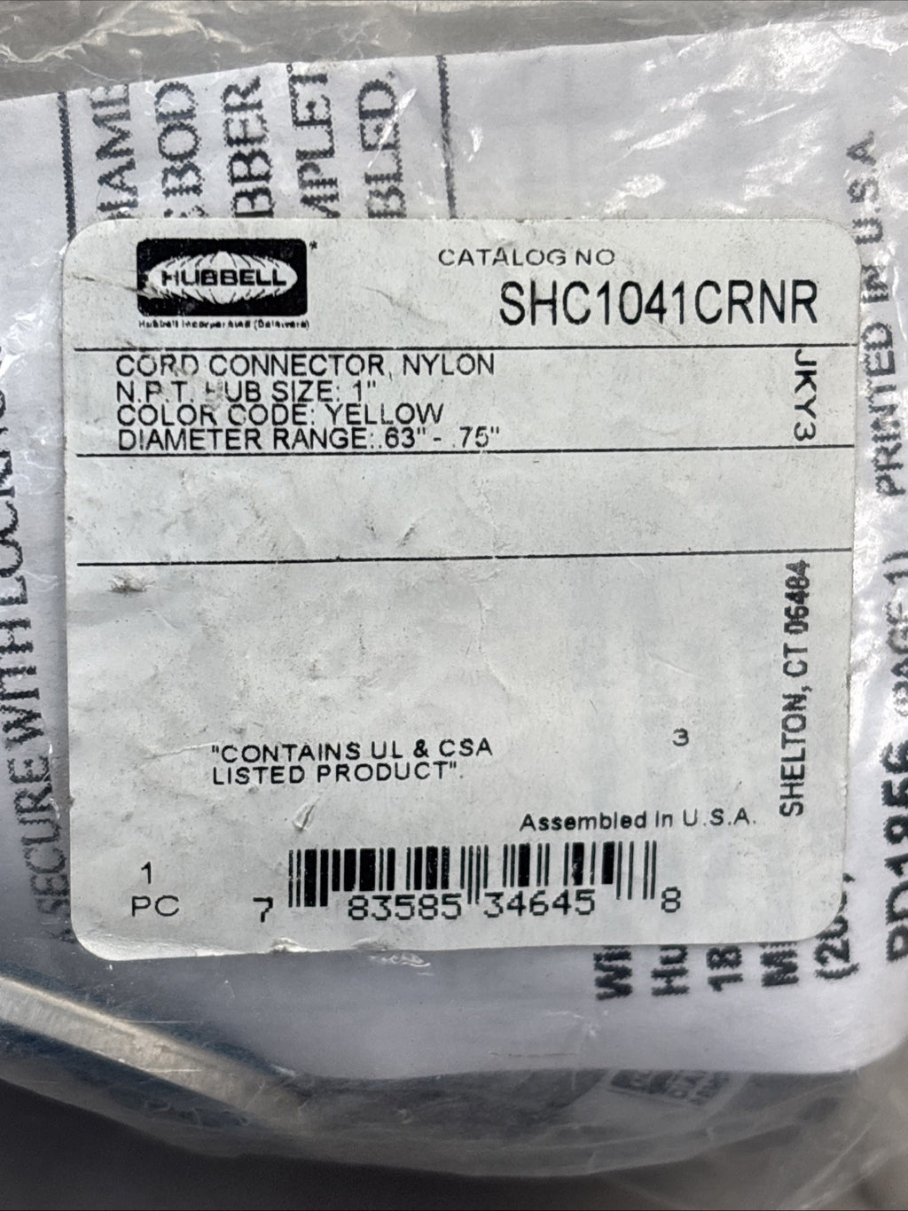 Hubbell SHC1041CRNR Cord Connector, Nylon, N.P.T hub size 1", Diameter 63"-75"