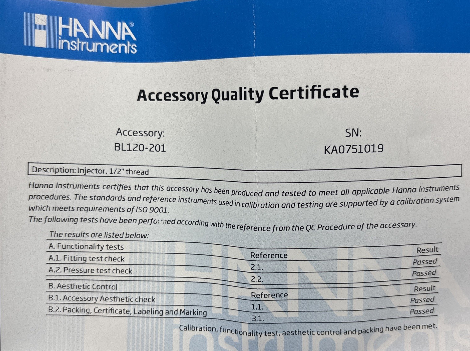 Hanna injector Valve for BL120-201 with 1/2 thread