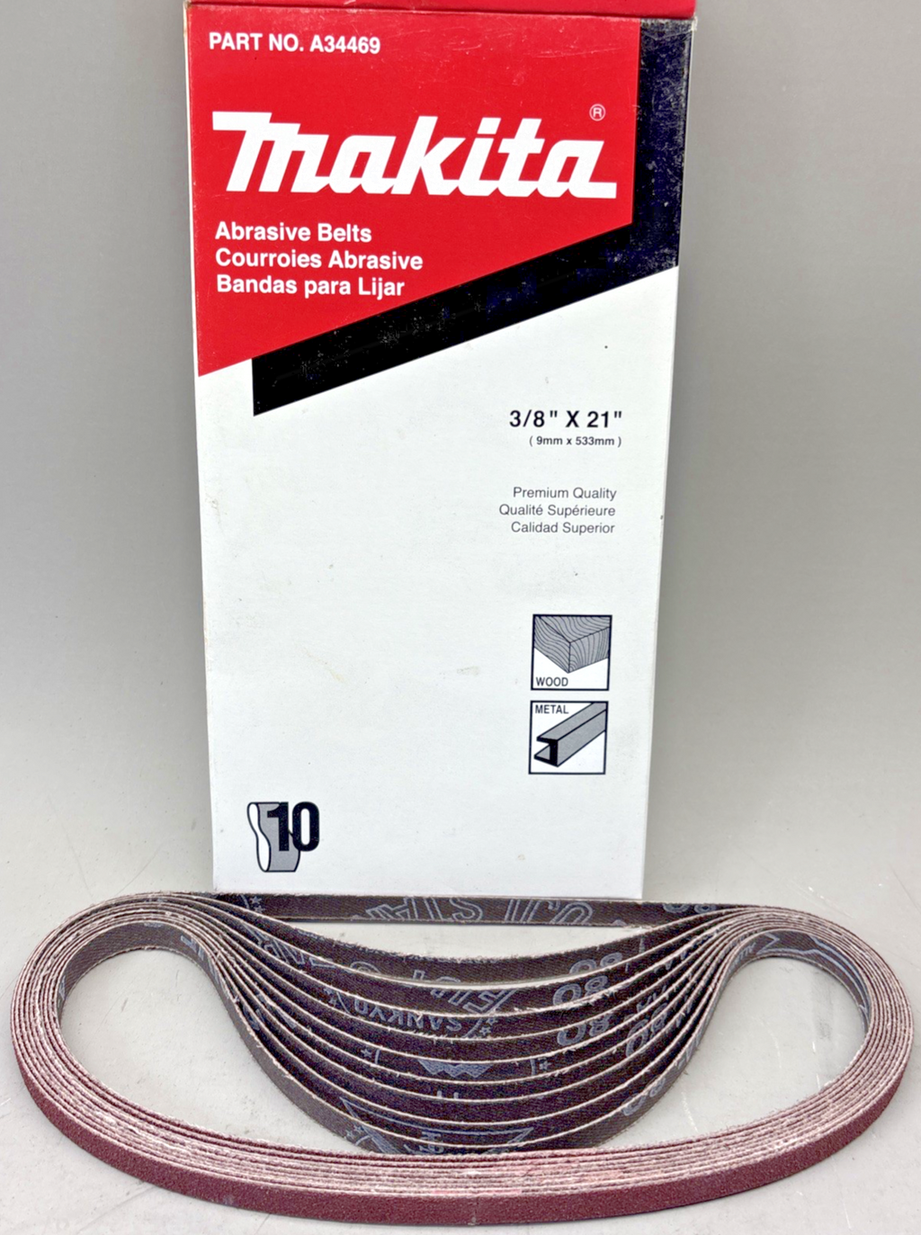 Makita A-34469 3/8" x 21" 80 Grit Sanding Belts 10 Pack