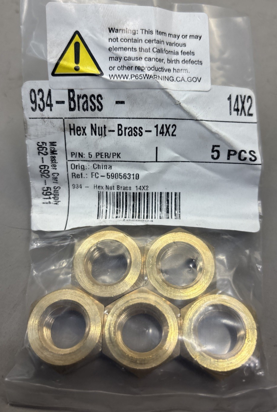 Metric Hex Nut, Brass, DIN 934, RH, M14 x 2mm x 11mm Height, 5 Pcs