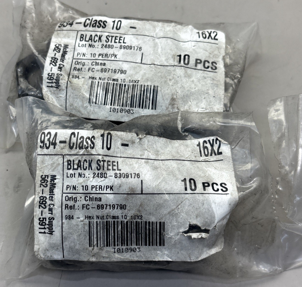 Metric Steel Hex Nut, DIN 934 Class 10, RH, M16 x 2 x 27mm W x 13mm H, 18 Pcs