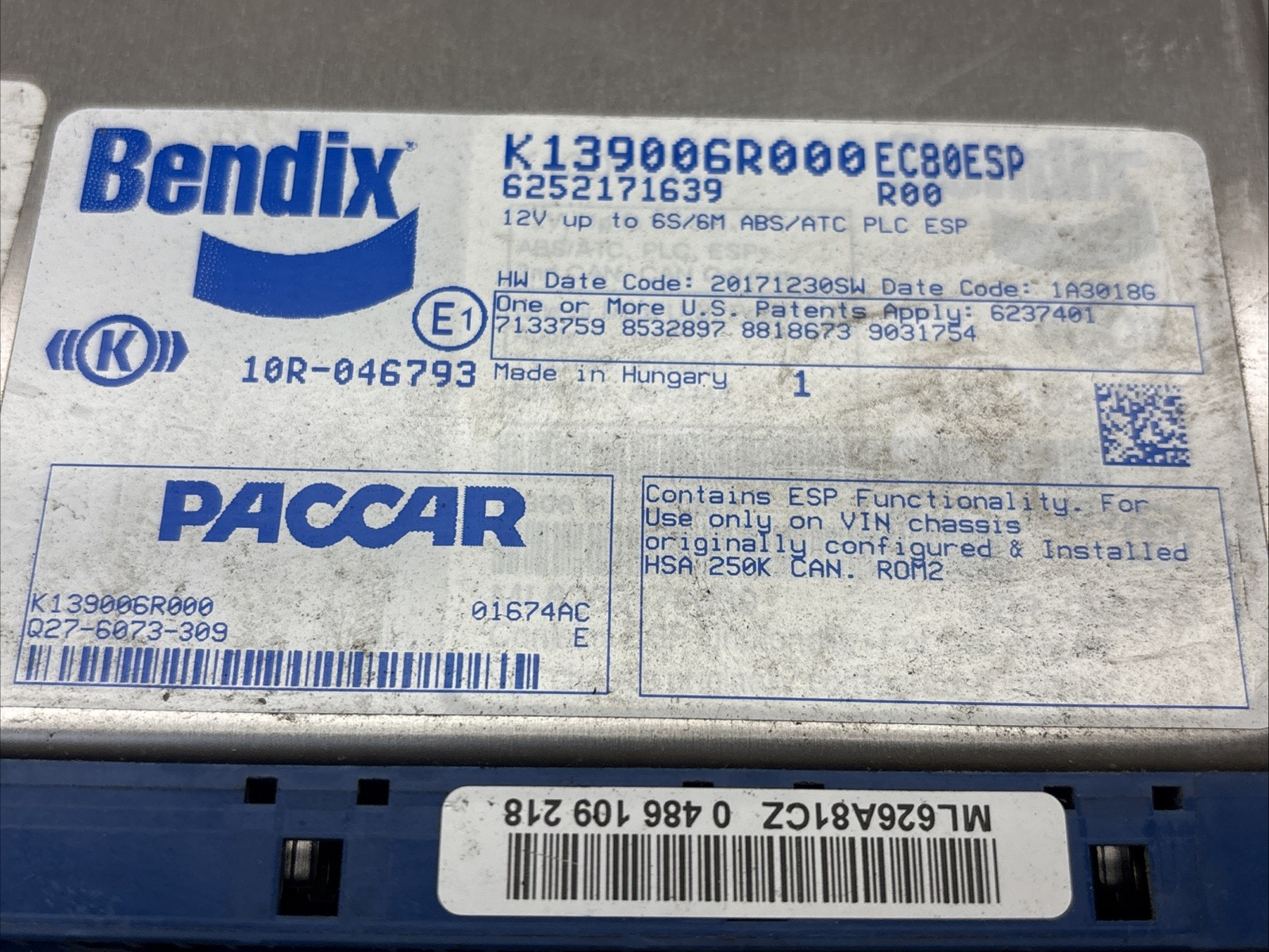 PACCAR 10R-046793 2020 KENWORTH T680 BRAKE CONTROL MODULE