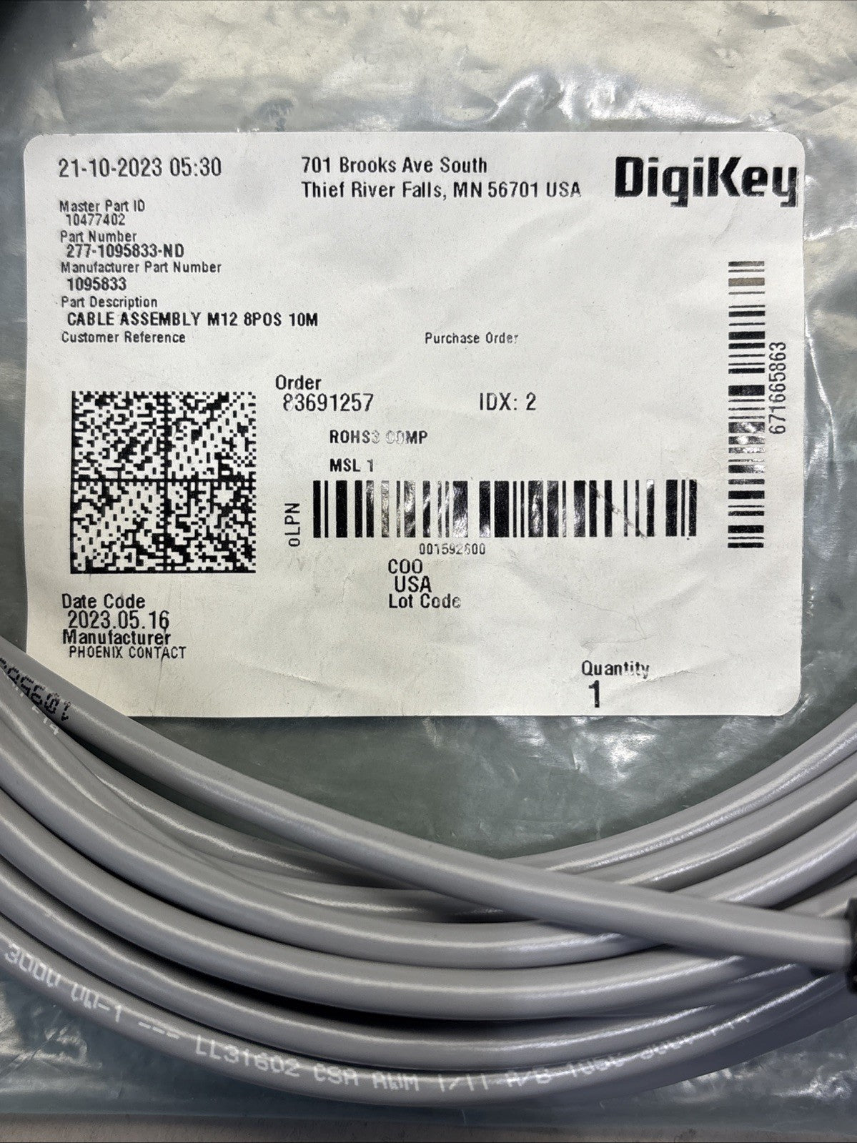 DigiKey  1095833 Sensor/actuator cable FNIP M12 9POS 10M