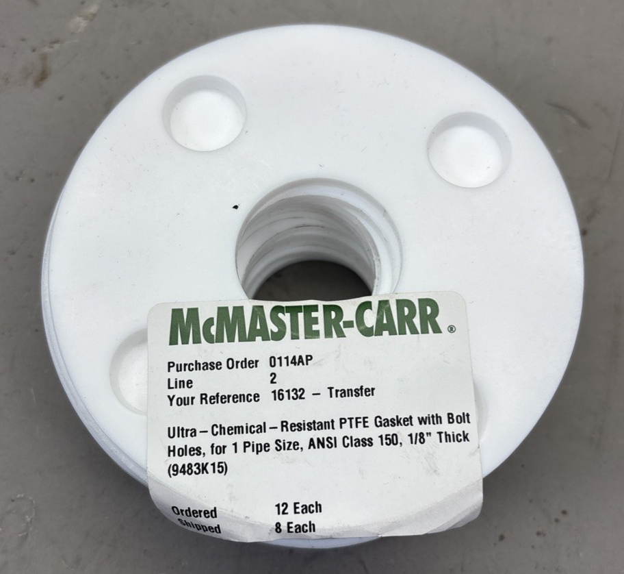 (Bag of 12) Universal Pipe Gasket 1" X 150LB X 1/8" White PTFE with Bolt Holes