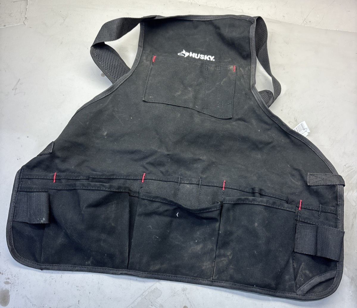 Husky Tools 23 Inch 16 Pocket Black Canvas Bib Tool Apron Workshop Equipment 