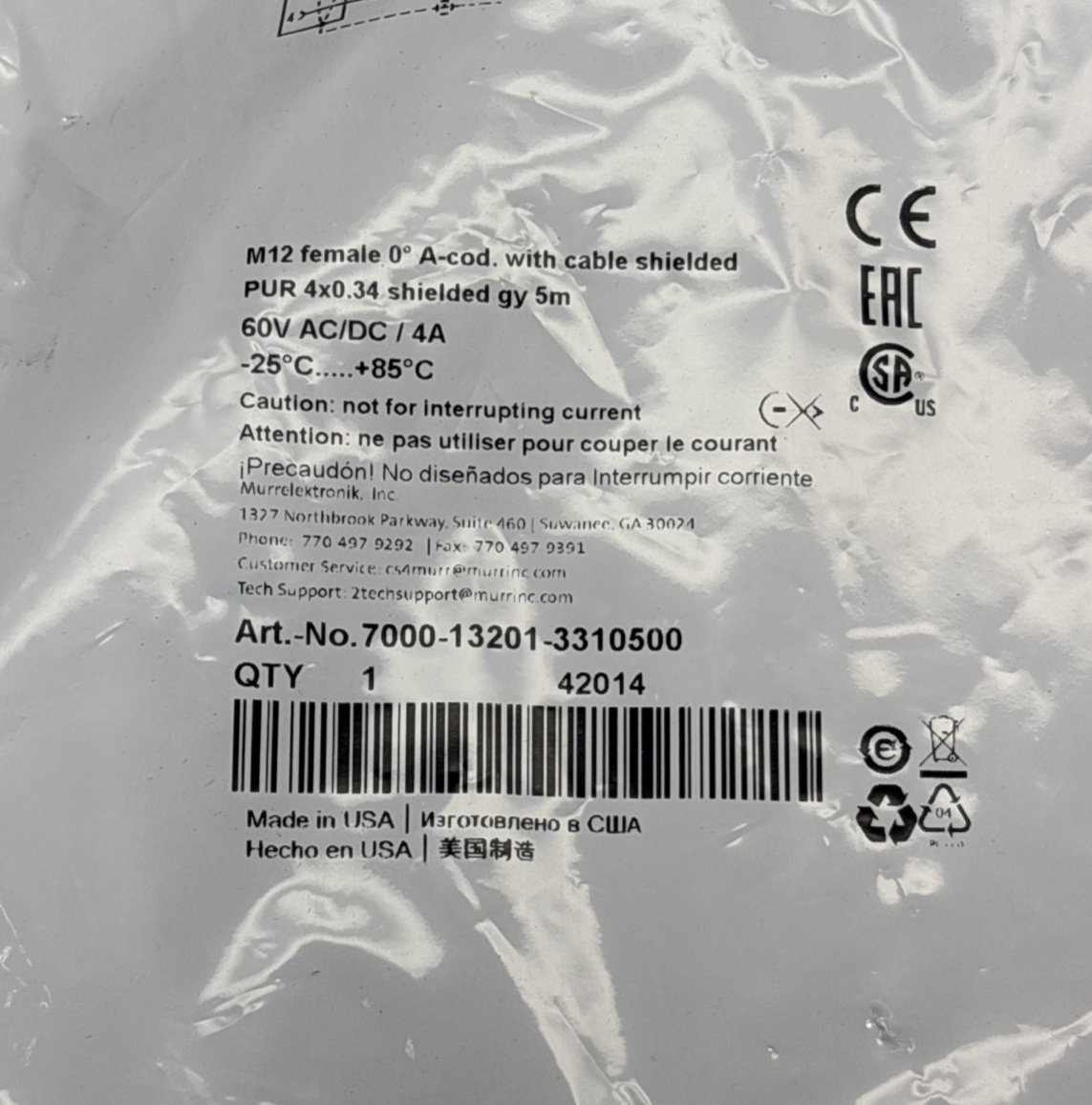 SEALED NEW MURR ELEKTRONIK 7000-13201-3310500 CONNECTION CABLE 60V AC/DC 4A 5M