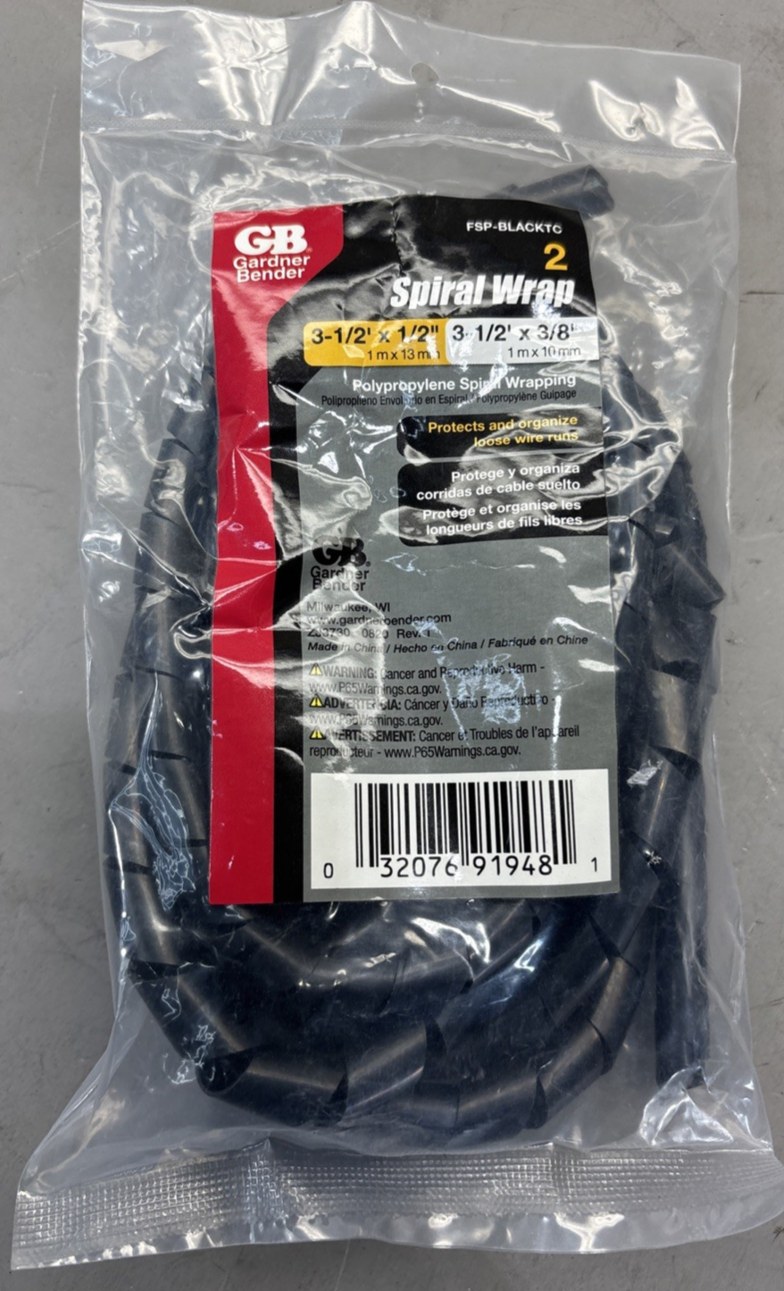 GB Spiral Wrap 3-1/2 x 1/2 1.mx 10mm Black Polypropylene