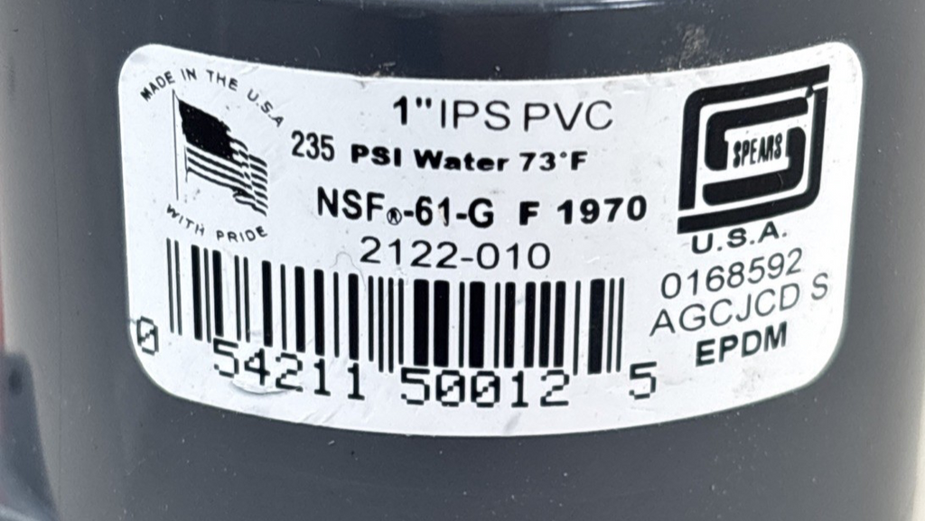 Spears 1" IPS PVC 235 PSI Water 73F EPDM 2122-010