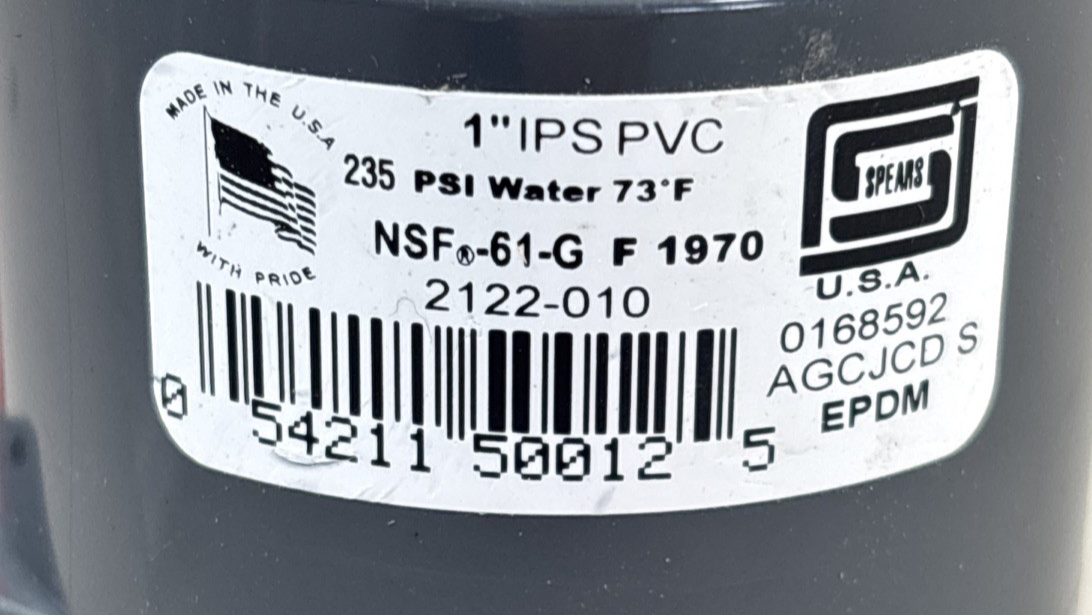 Spears 1" IPS PVC 235 PSI Water 73F EPDM 2122-010