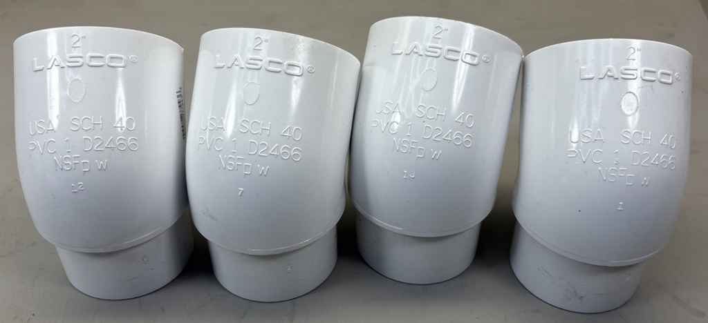 LOT OF 4 LASCO 2" SCH40 PVC STREET 45 DEGREE ELBOW SPIG X SOC