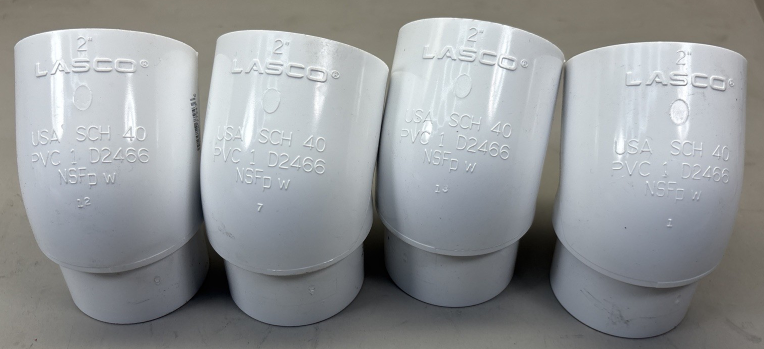 LOT OF 4 LASCO 2" SCH40 PVC STREET 45 DEGREE ELBOW SPIG X SOC