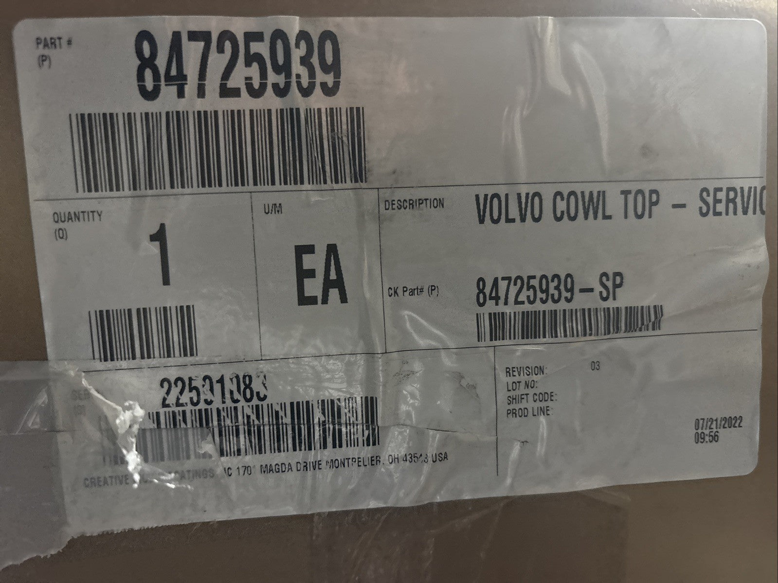 2018-2024 VOLVO VNL 760 860 FRONT COWL GRILLE COVER PANEL 84725939 OEM