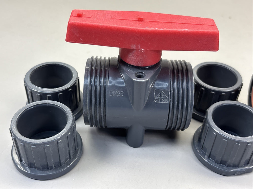 LOT of 2 - PVC Ball Valve DN25 PN10 Union End Gray Red Handle Control