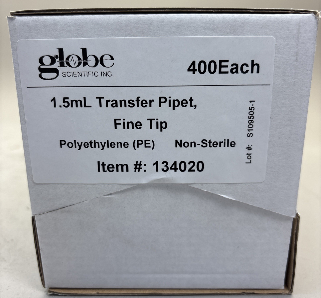 Globe Scientific 134020 Transfer Pipette, 1.5Ml, 104Mm L, Pk400