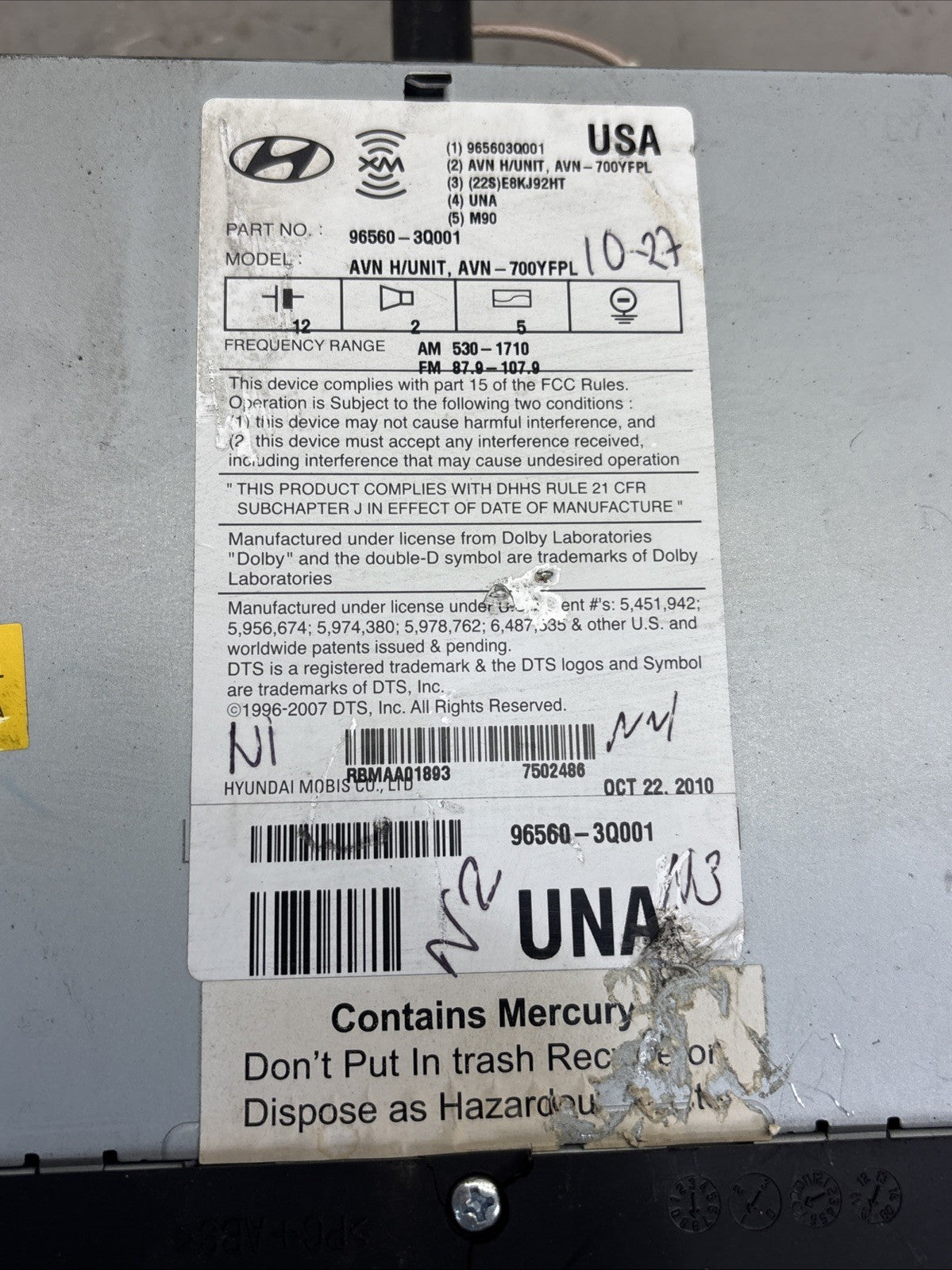 11 12 HYUNDAI Sonata Navigation GPS Satellite XM Radio CD Player 96560-3Q001 OEM