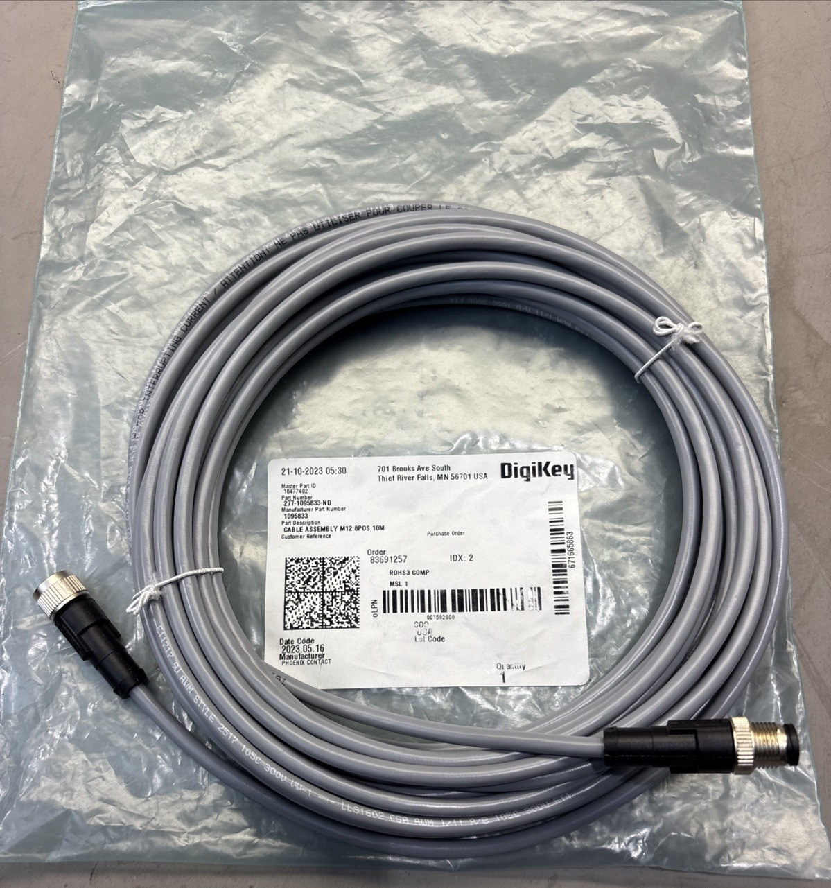 DigiKey  1095833 Sensor/actuator cable FNIP M12 9POS 10M