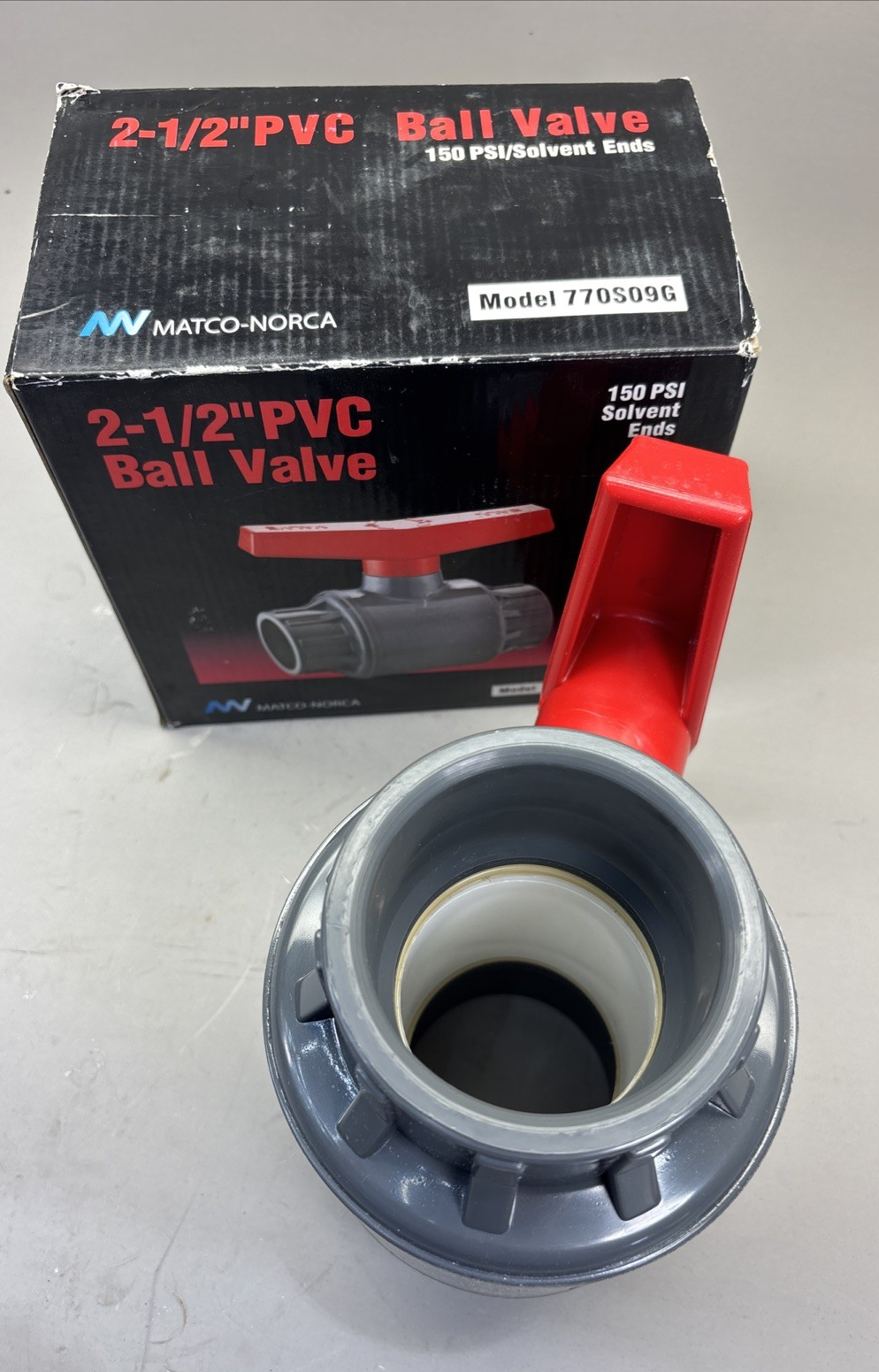 Matco-Norca 3" PVC Ball Valve 770S09G 150 PSI Solvent Ends EPDM TPE Gray NSF