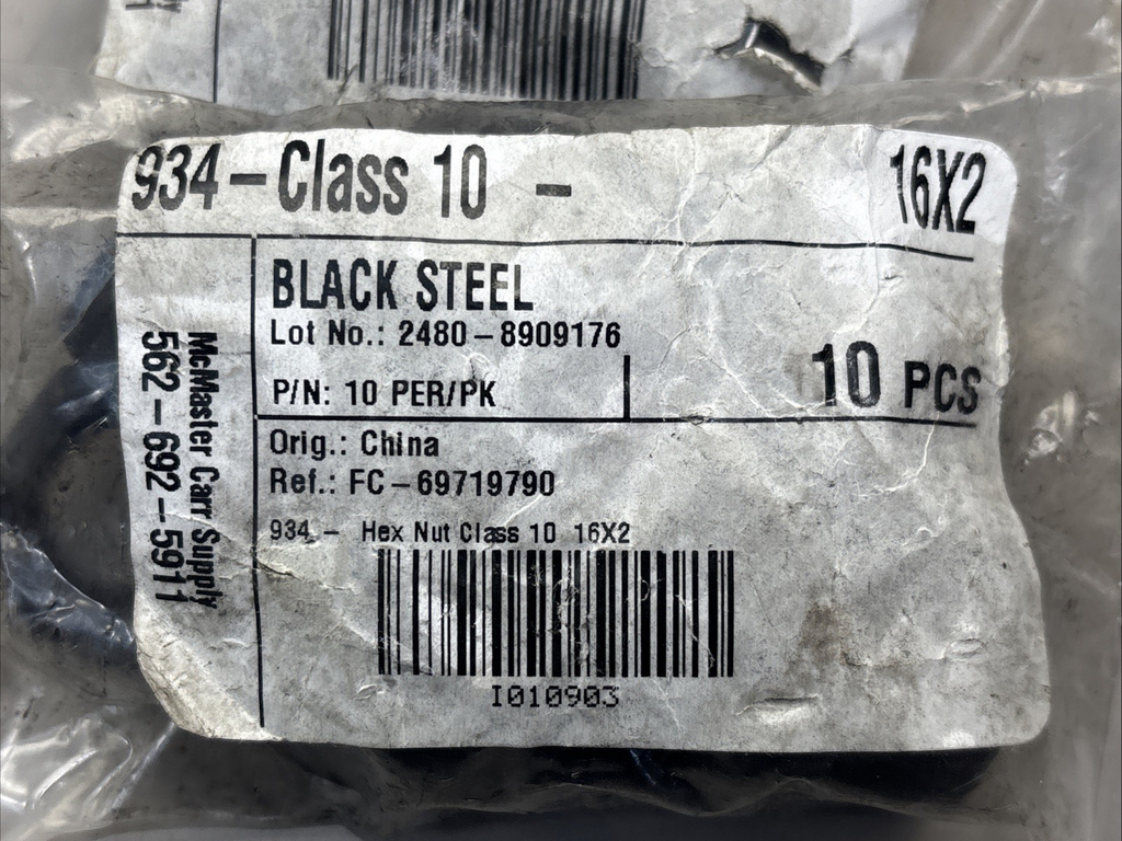 Metric Steel Hex Nut, DIN 934 Class 10, RH, M16 x 2 x 27mm W x 13mm H, 18 Pcs