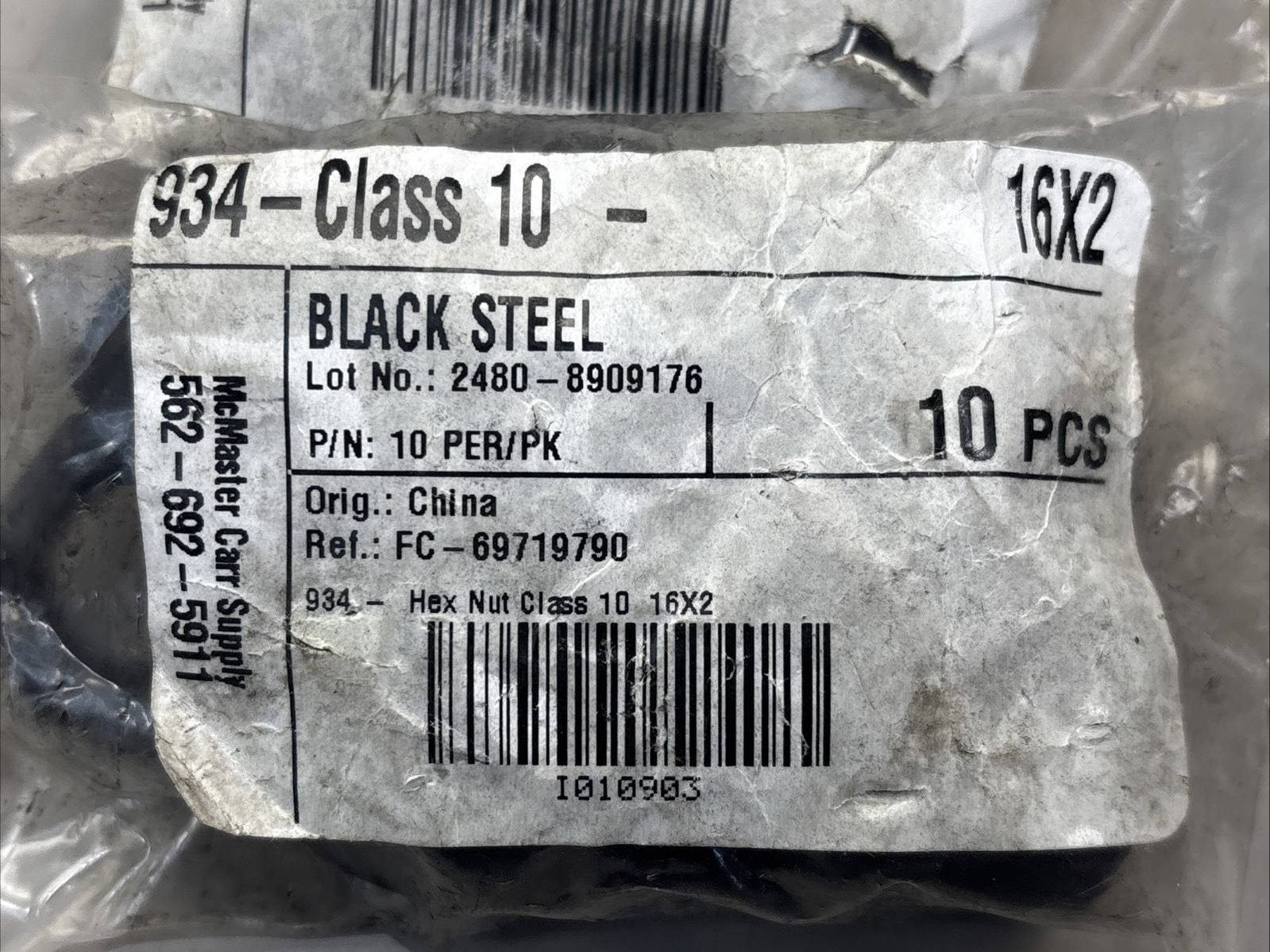 Metric Steel Hex Nut, DIN 934 Class 10, RH, M16 x 2 x 27mm W x 13mm H, 18 Pcs
