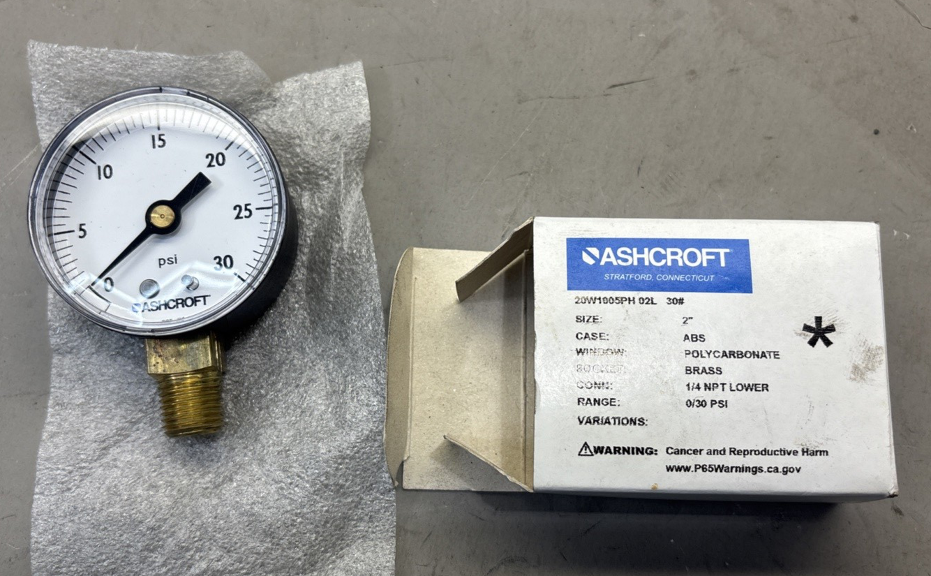 ASHCROFT 20W1005PH 02L 100# 2" PRESSURE GAUGE 0-30PSI * NEW IN BOX *